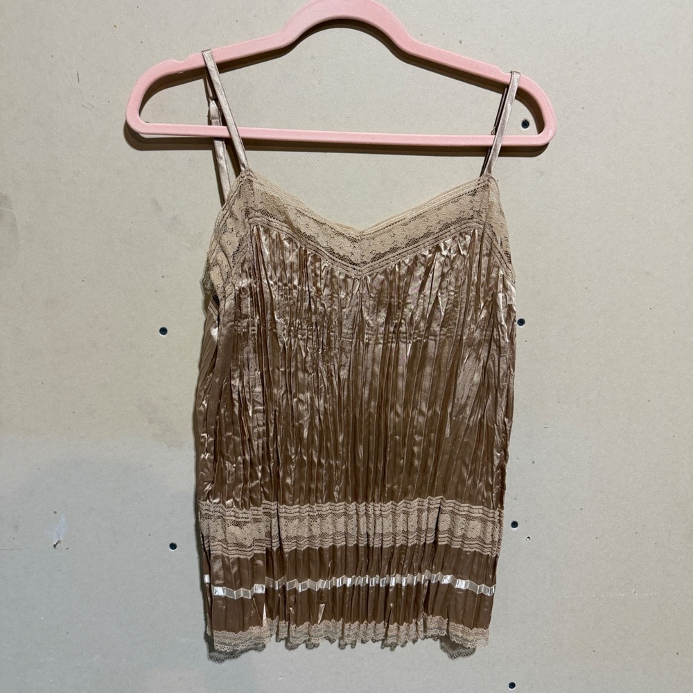 Y2K Style Champagne Gold Pleated Satin Lace Trim Camisole Top Large